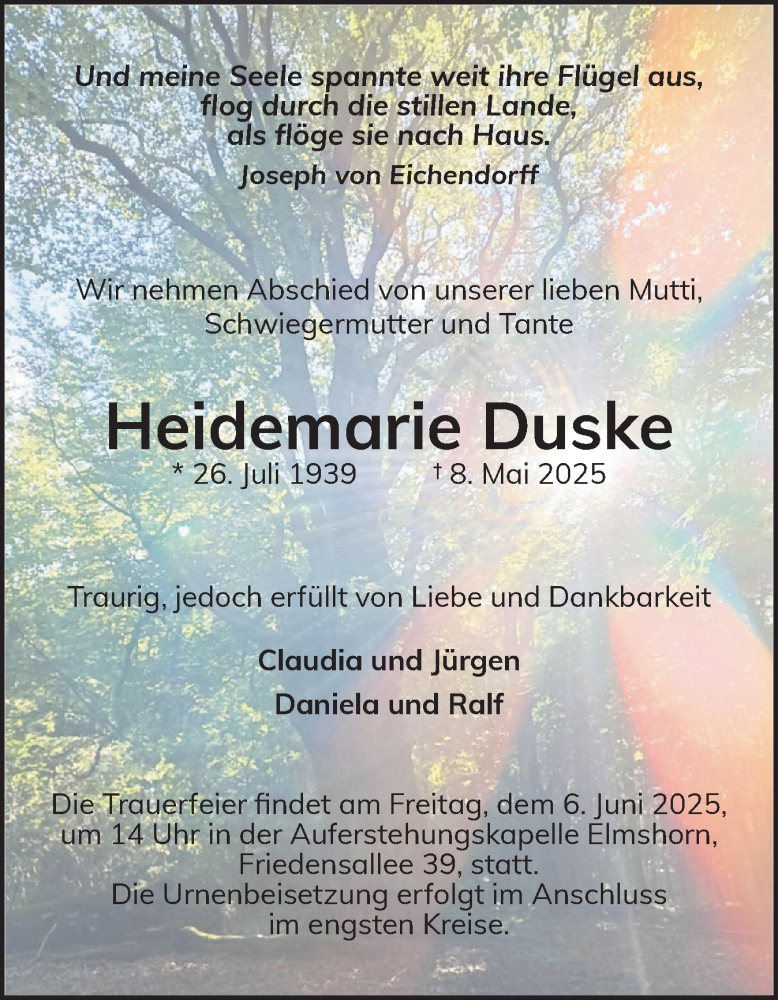  Traueranzeige für Heidemarie Duske vom 24.05.2025 aus Elmshorner Nachrichten, Barmstedter Zeitung