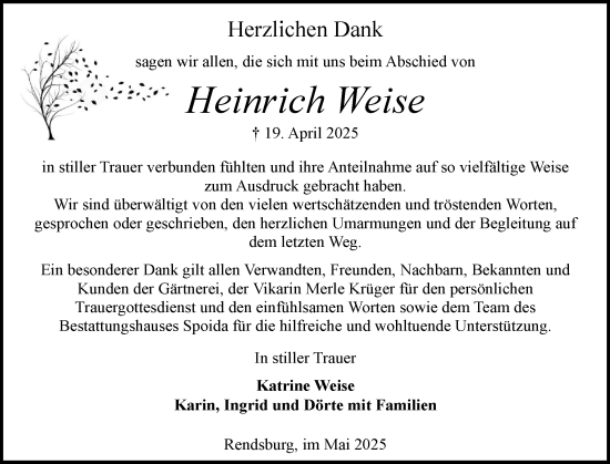 Traueranzeige von Heinrich Weise von Schleswig-Holsteinische Landeszeitung