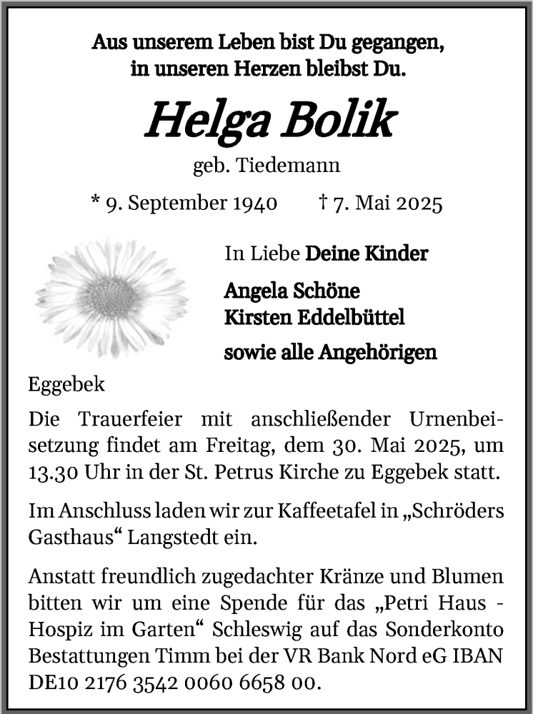  Traueranzeige für Helga Bolik vom 24.05.2025 aus Flensburger Tageblatt