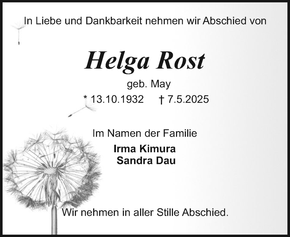  Traueranzeige für Helga Rost vom 17.05.2025 aus Holsteinischer Courier