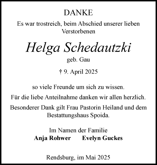 Traueranzeige von Helga Schedautzki von Schleswig-Holsteinische Landeszeitung