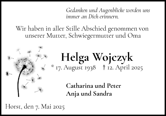 Traueranzeige von Helga Wojczyk von Elmshorner Nachrichten, Barmstedter Zeitung
