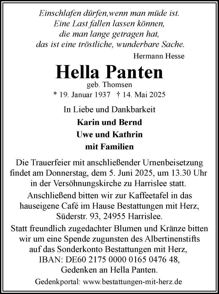  Traueranzeige für Hella Panten vom 24.05.2025 aus Region Flensburg