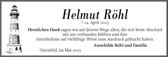 Traueranzeige von Helmut Röhl von Husumer Nachrichten, Nordfriesland Tageblatt