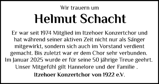 Traueranzeige von Helmut Schacht von Norddeutsche Rundschau, Wilstersche Zeitung, Glückstädter Fortuna