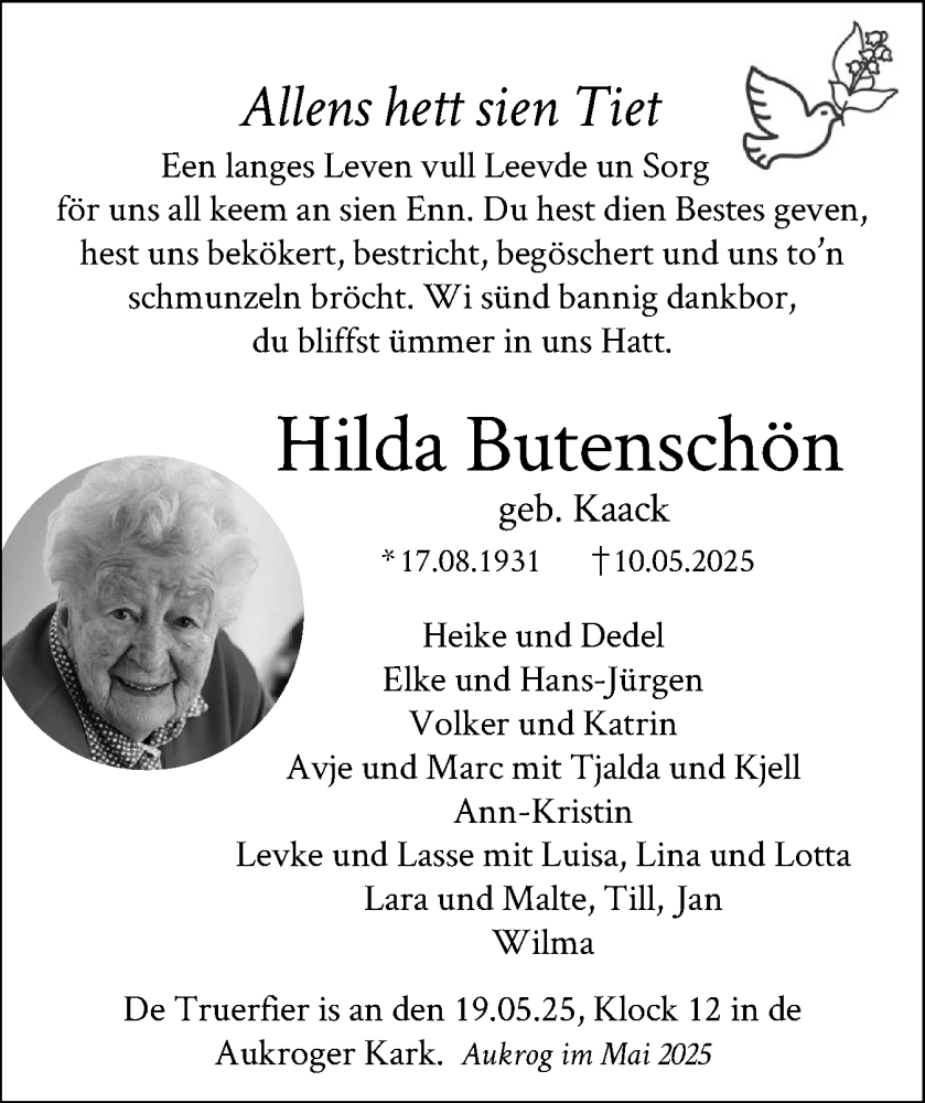  Traueranzeige für Hilda Butenschön vom 15.05.2025 aus Schleswig-Holsteinische Landeszeitung