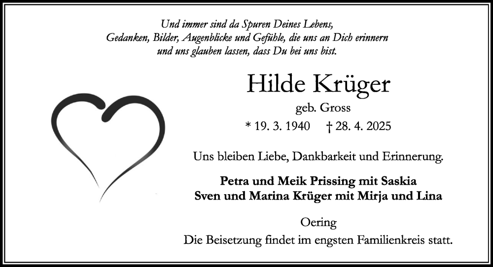  Traueranzeige für Hilde Krüger vom 17.05.2025 aus Umschau