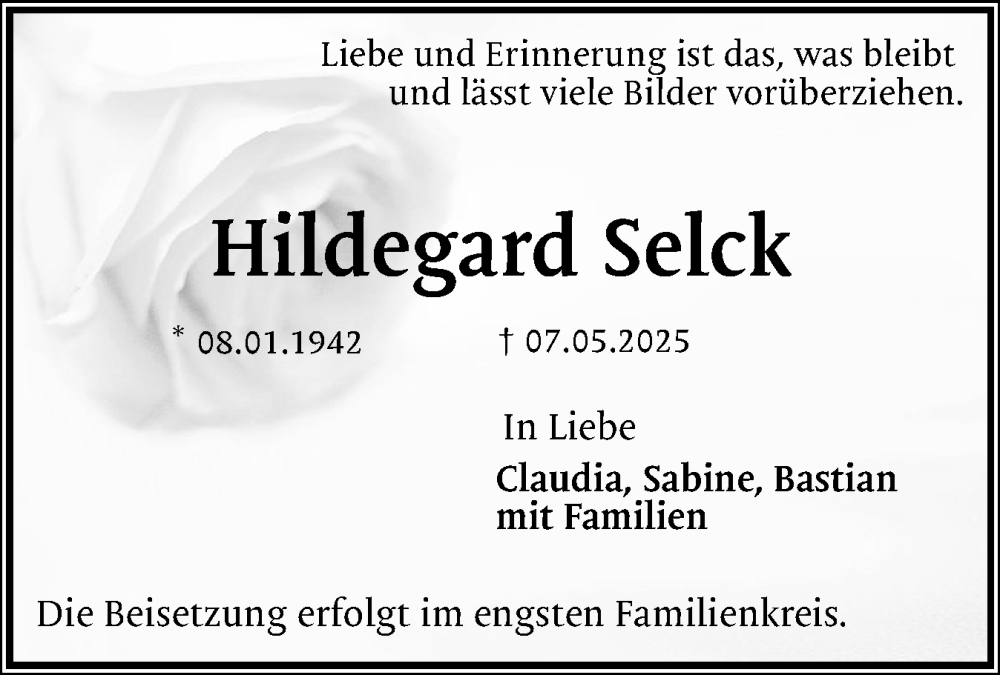  Traueranzeige für Hildegard Selck vom 17.05.2025 aus Flensburger Tageblatt