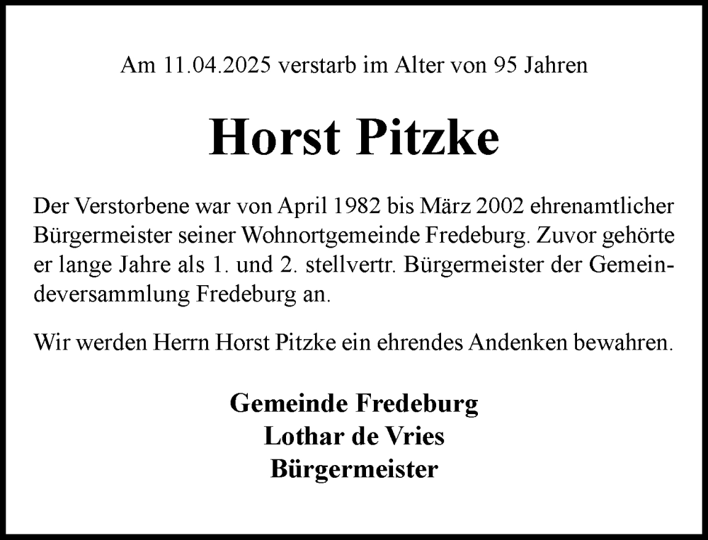  Traueranzeige für Horst Pitzke vom 17.05.2025 aus MARKT Ratzeburg/Mölln