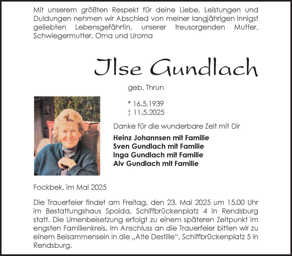  Traueranzeige für Ilse Gundlach vom 17.05.2025 aus Schleswig-Holsteinische Landeszeitung