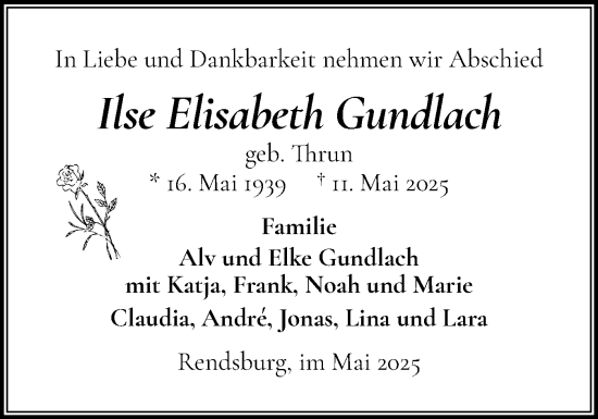Traueranzeige von Ilse Elisabeth Gundlach von Schleswig-Holsteinische Landeszeitung