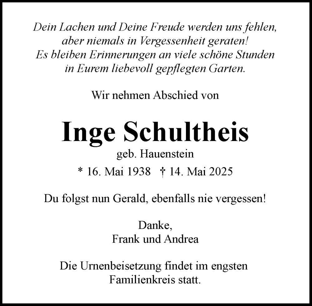  Traueranzeige für Inge Schultheis vom 24.05.2025 aus Heimatspiegel