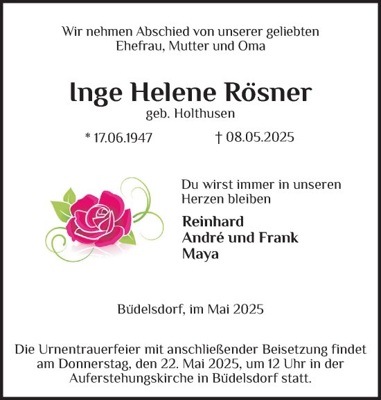 Traueranzeige von Inge Helene Rösner von Schleswig-Holsteinische Landeszeitung