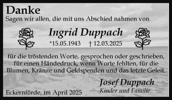 Traueranzeige von Ingrid Duppach von Hallo Eckernförde