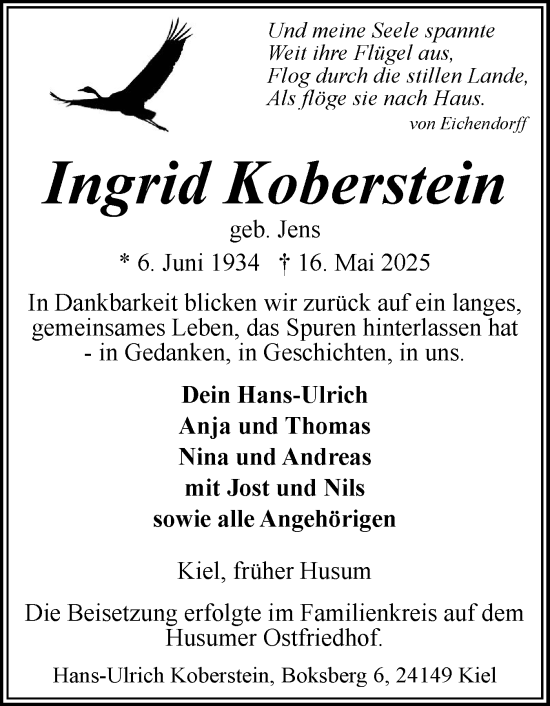 Traueranzeige von Ingrid Koberstein von Husumer Nachrichten, Nordfriesland Tageblatt