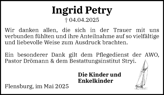 Traueranzeige von Ingrid Petry von Flensburger Tageblatt