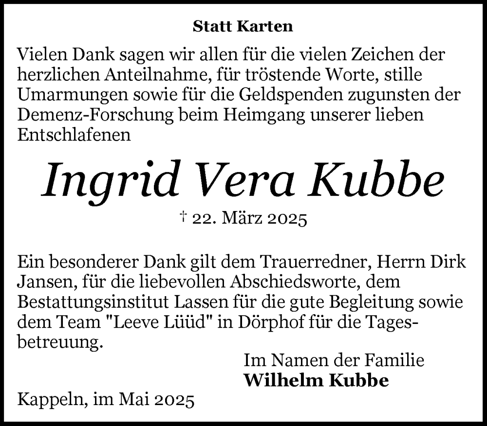  Traueranzeige für Ingrid Vera Kubbe vom 24.05.2025 aus Schleswiger Nachrichten, Schlei-Bote