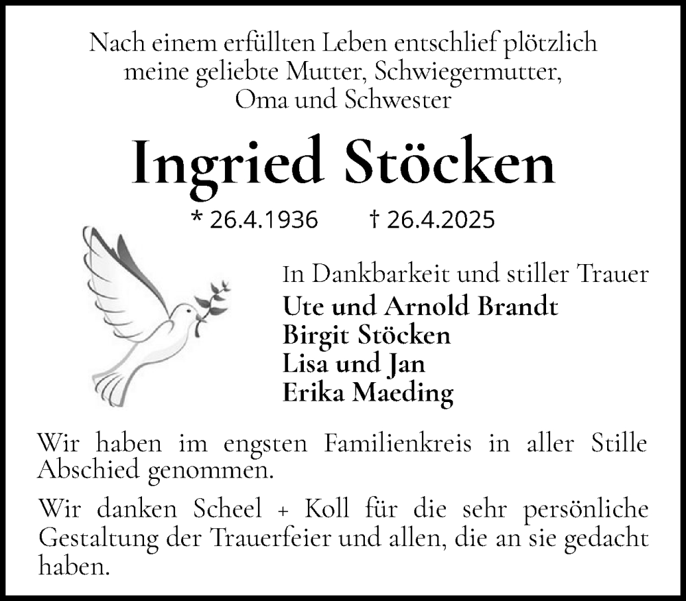  Traueranzeige für Ingried Stöcken vom 17.05.2025 aus Eckernförder Zeitung, Hallo Eckernförde