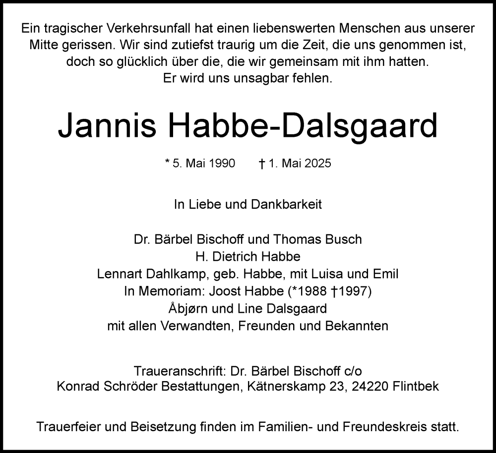  Traueranzeige für Jannis Habbe-Dalsgaard vom 10.05.2025 aus Schleswig-Holsteinische Landeszeitung