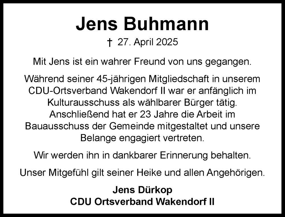 Traueranzeige für Jens Buhmann vom 24.05.2025