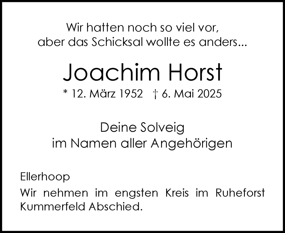  Traueranzeige für Joachim Horst vom 17.05.2025 aus Region Pinneberg und tip Pinneberg