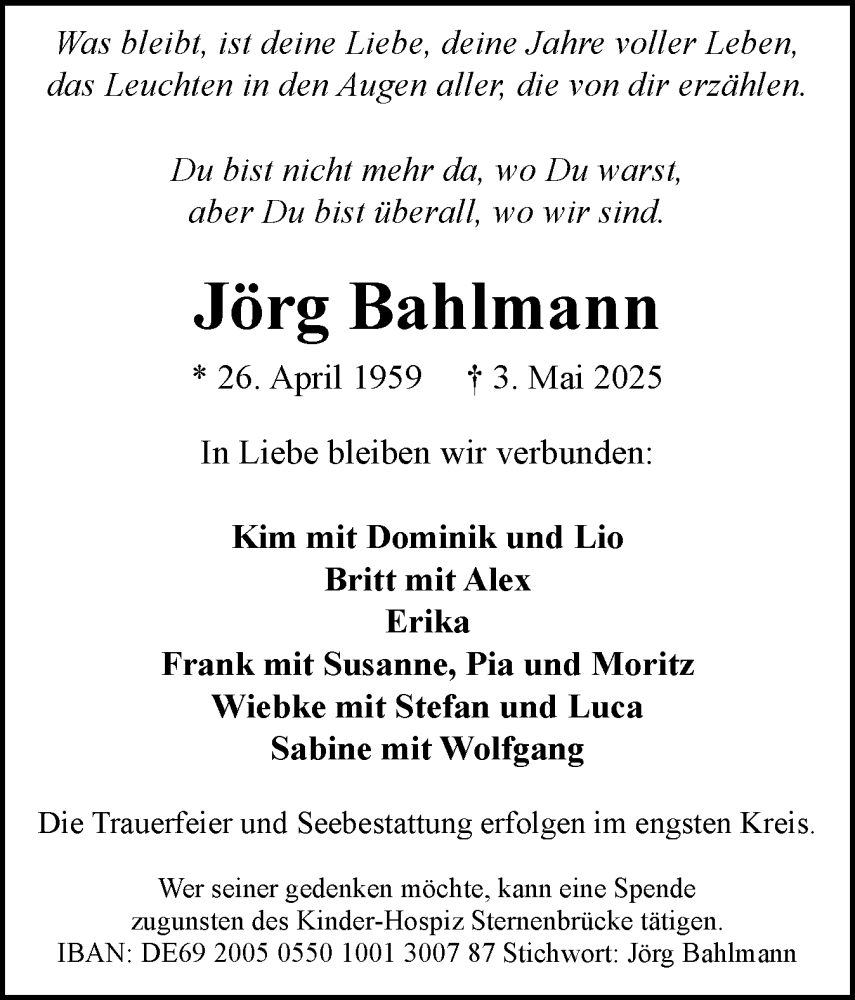  Traueranzeige für Jörg Bahlmann vom 10.05.2025 aus Husumer Nachrichten, Nordfriesland Tageblatt