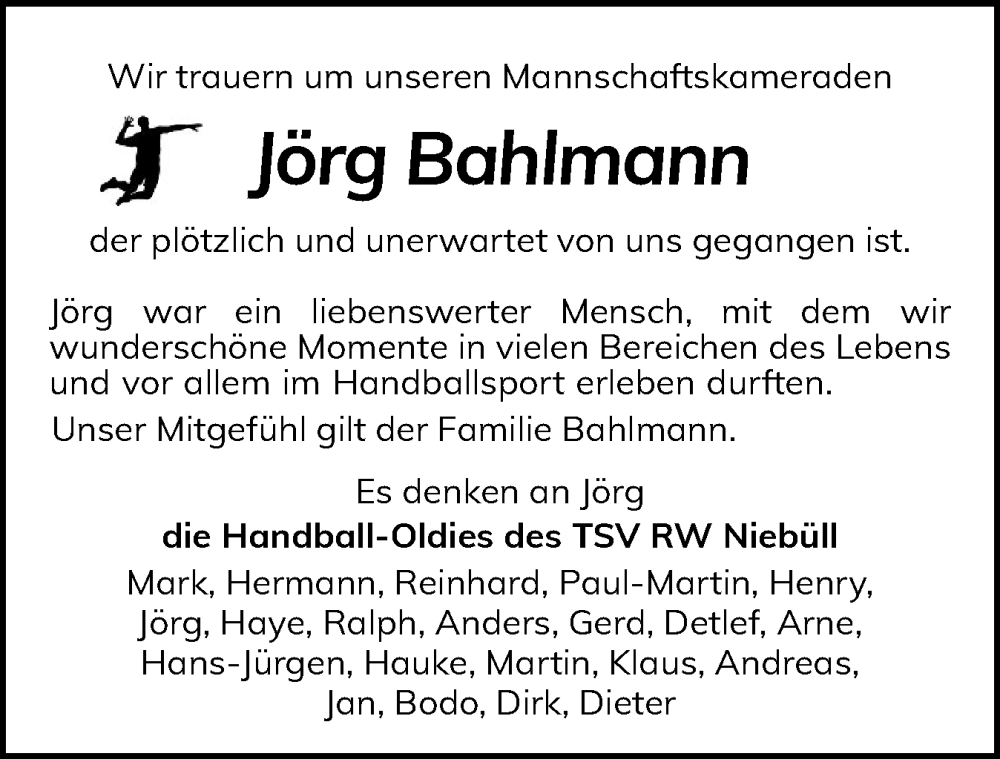  Traueranzeige für Jörg Bahlmann vom 13.05.2025 aus Husumer Nachrichten, Nordfriesland Tageblatt