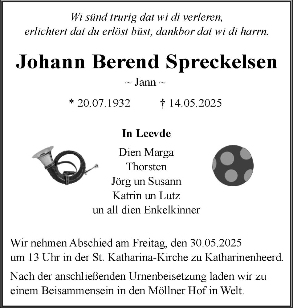  Traueranzeige für Johann Berend Spreckelsen vom 21.05.2025 aus Husumer Nachrichten, Nordfriesland Tageblatt