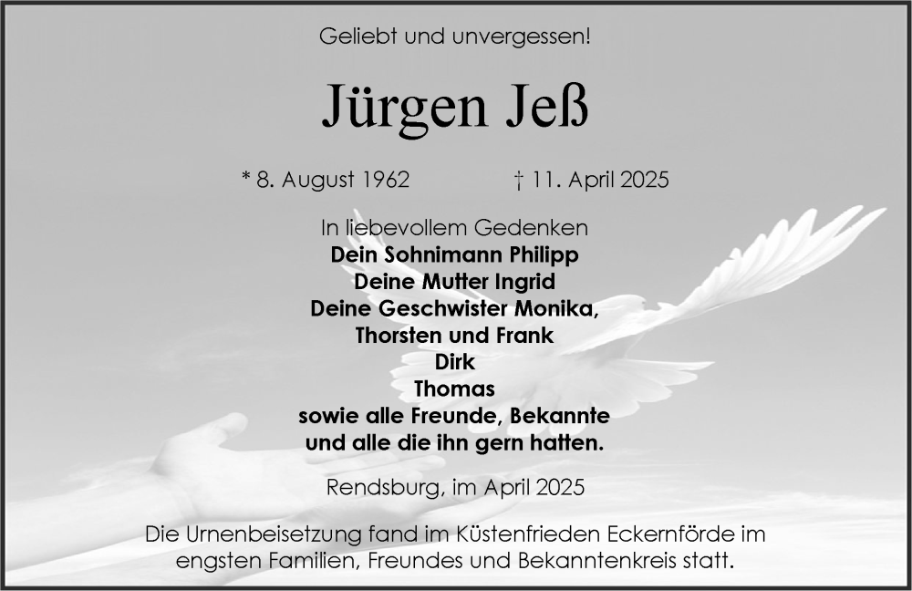  Traueranzeige für Jürgen Jeß vom 17.05.2025 aus Schleswig-Holsteinische Landeszeitung