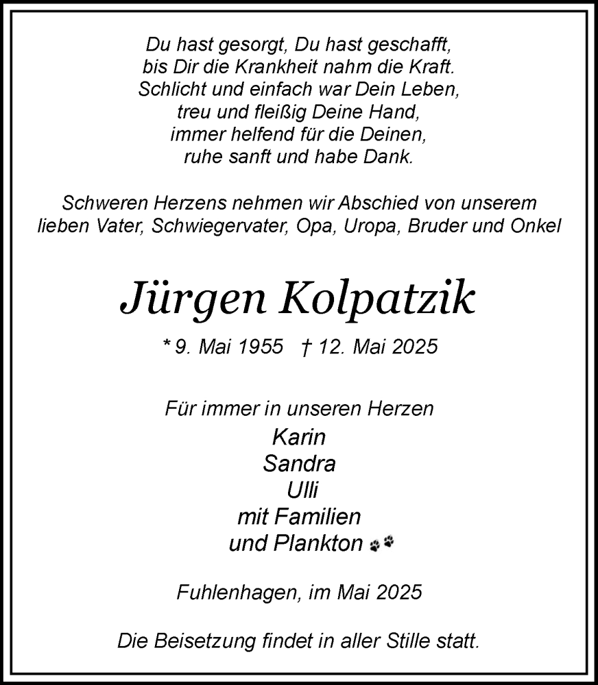  Traueranzeige für Jürgen Kolpatzik vom 17.05.2025 aus Wochenend Anzeiger