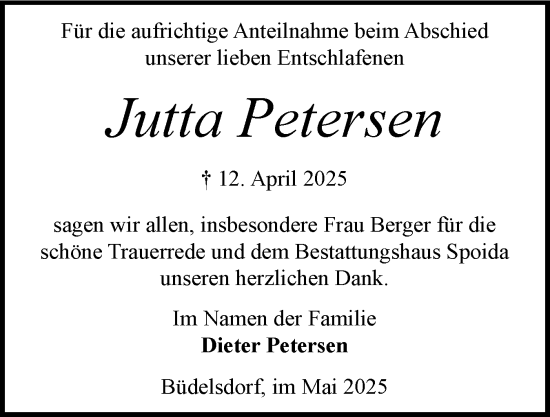 Traueranzeige von Jutta Petersen von Schleswig-Holsteinische Landeszeitung