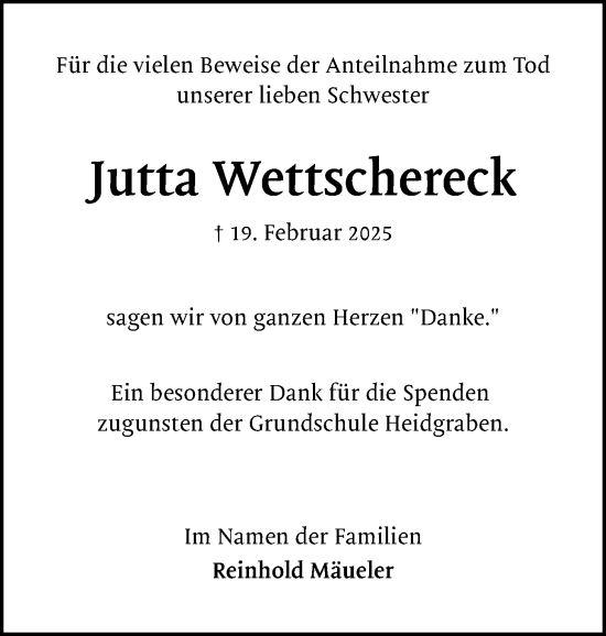 Traueranzeige von Jutta Wettschereck von Uetersener Nachrichten, Der tip am Wochenende