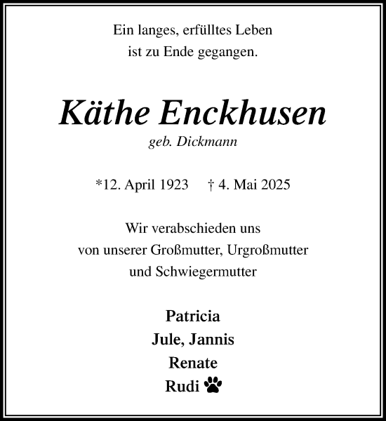 Traueranzeige von Käthe Enckhusen von MARKT Ahrensburg/Bargteheide/Trittau und Stormarner Tageblatt