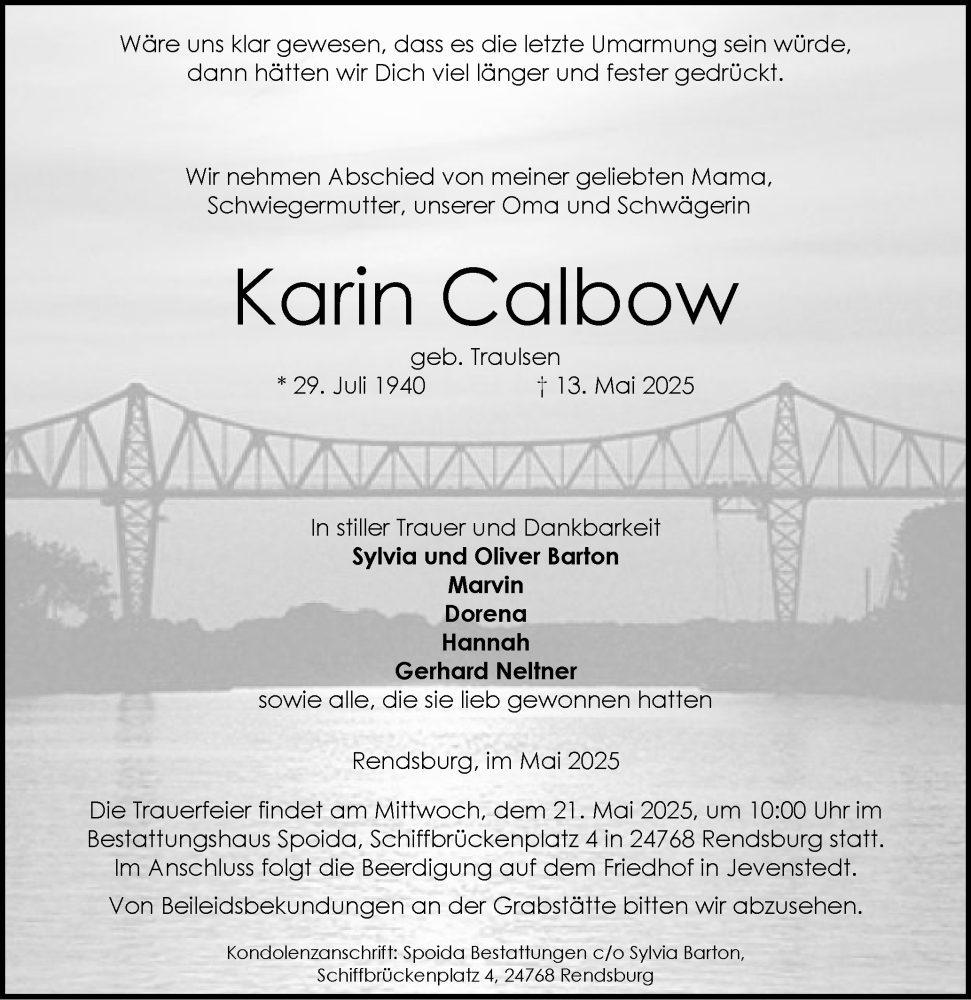  Traueranzeige für Karin Calbow vom 17.05.2025 aus Schleswig-Holsteinische Landeszeitung