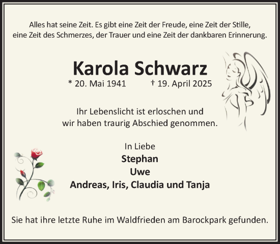 Traueranzeige von Karola Schwarz von MARKT Ahrensburg/Bargteheide/Trittau und Stormarner Tageblatt