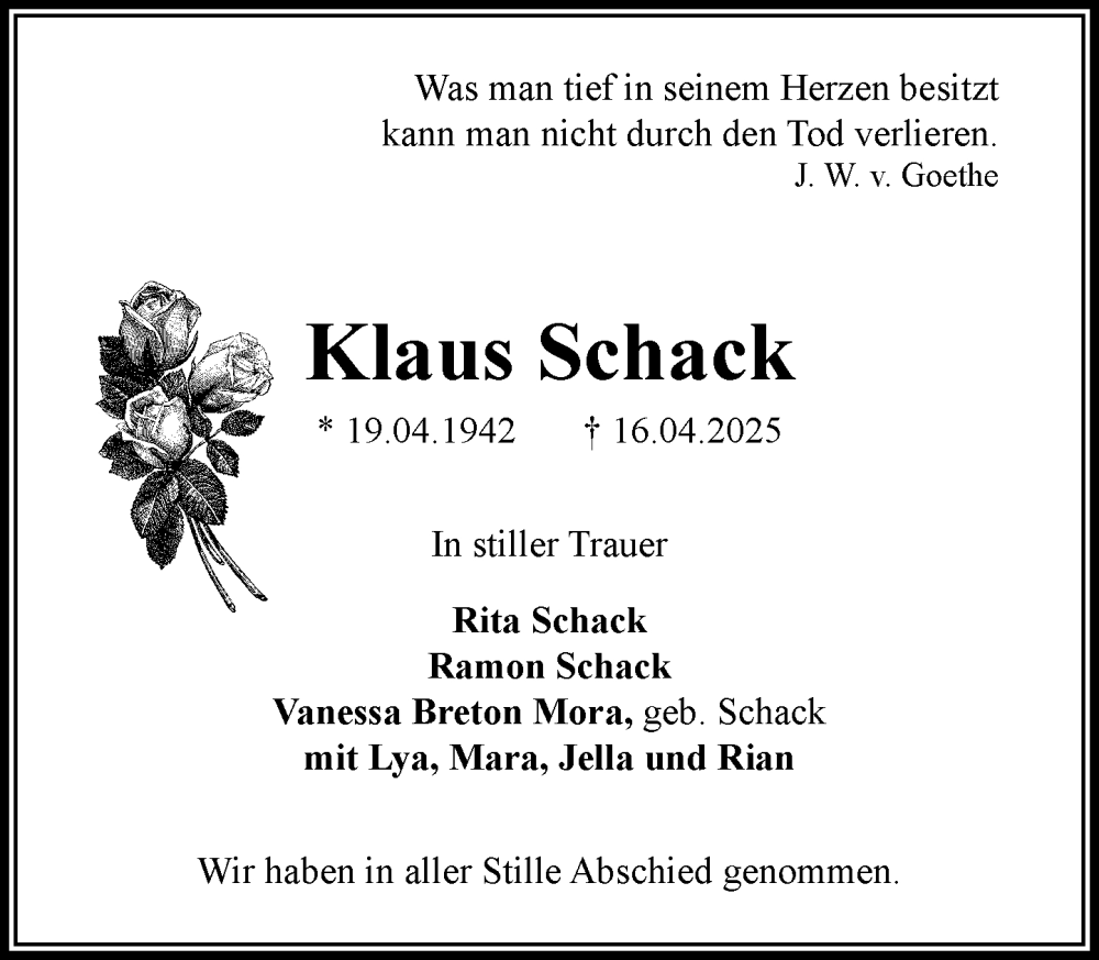  Traueranzeige für Klaus Schack vom 17.05.2025 aus MARKT Bad Oldesloe/Reinfeld und Stormarner Tageblatt
