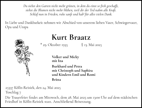 Traueranzeige von Kurt Braatz von Elmshorner Nachrichten, Barmstedter Zeitung