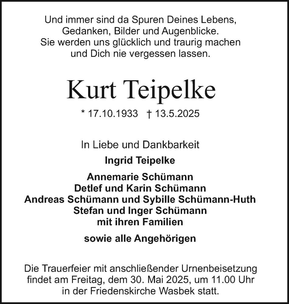 Traueranzeige für Kurt Teipelke vom 17.05.2025 aus Holsteinischer Courier