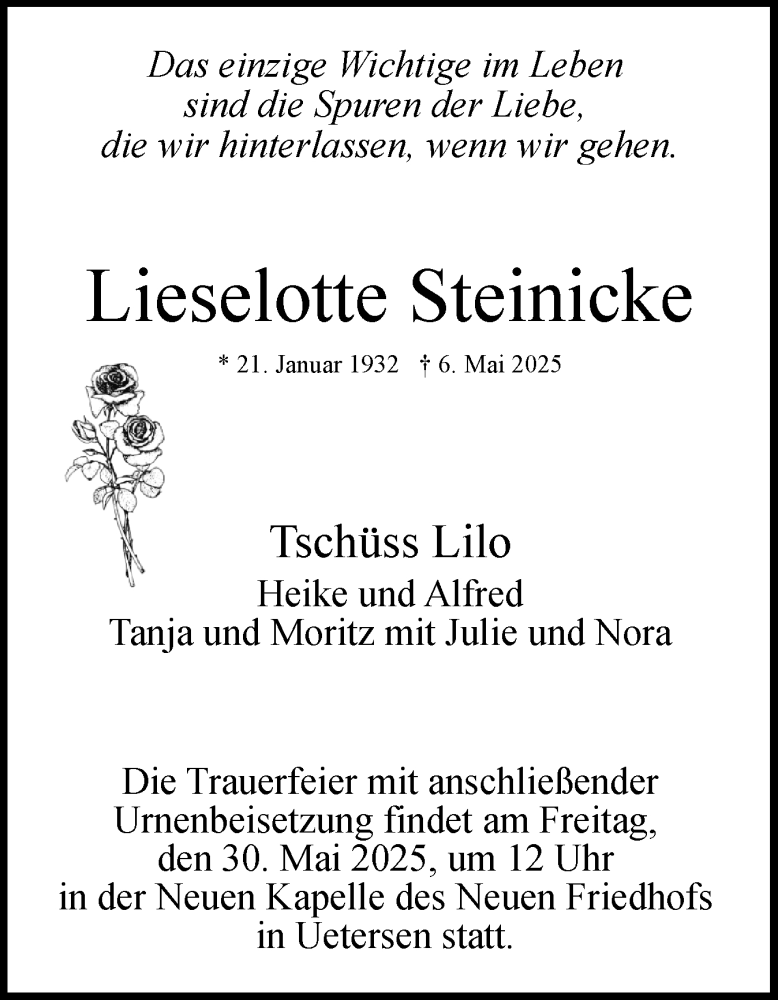  Traueranzeige für Lieselotte Steinicke vom 24.05.2025 aus Uetersener Nachrichten, Der tip am Wochenende