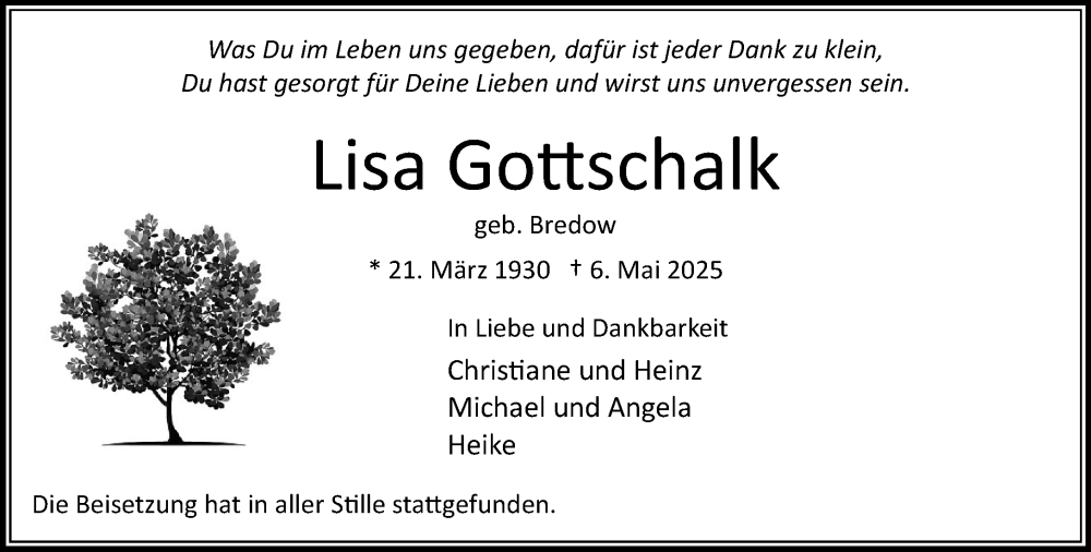  Traueranzeige für Lisa Gottschalk vom 24.05.2025 aus MARKT Bad Oldesloe/Reinfeld und Stormarner Tageblatt