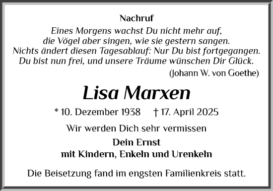 Traueranzeige von Lisa Marxen von Schleswiger Nachrichten, Schlei-Bote