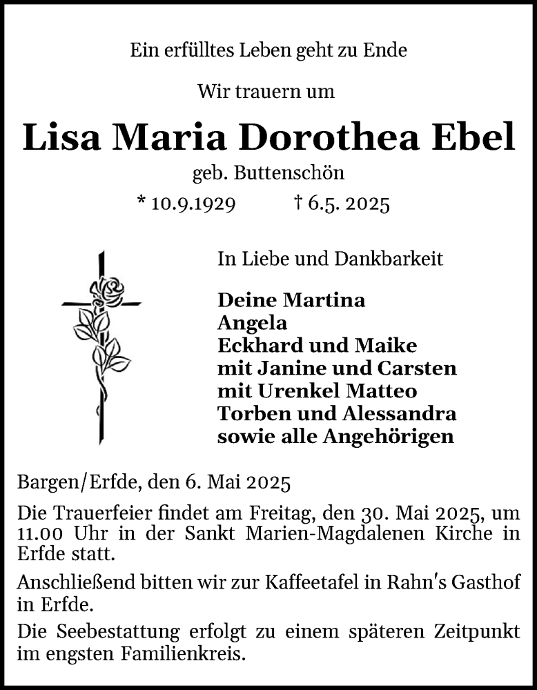  Traueranzeige für Lisa Maria Dorothea Ebel vom 23.05.2025 aus Schleswig-Holsteinische Landeszeitung