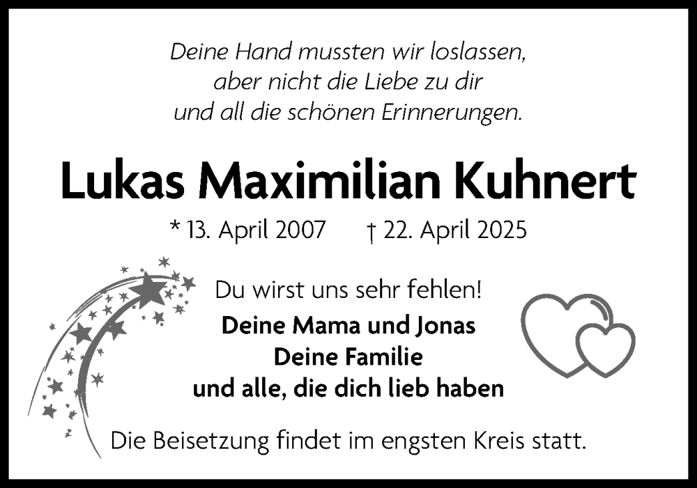  Traueranzeige für Lukas Maximilian Kuhnert vom 10.05.2025 aus Region Pinneberg und tip Pinneberg