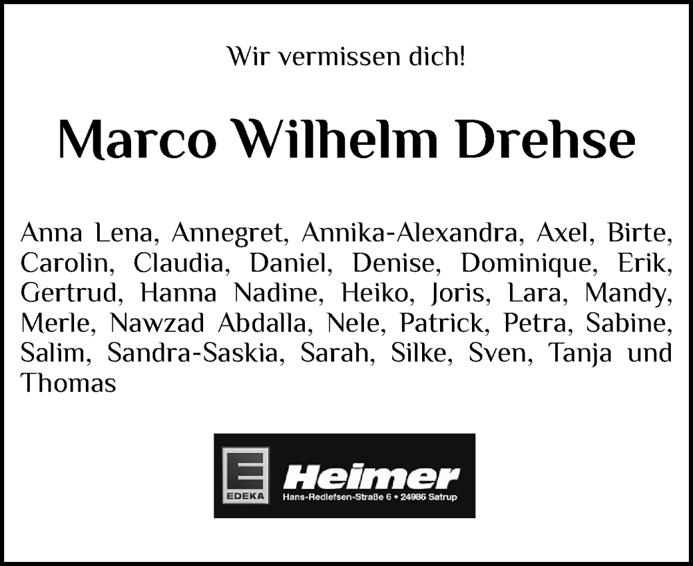  Traueranzeige für Marco Wilhelm Drehse vom 10.05.2025 aus Flensburger Tageblatt