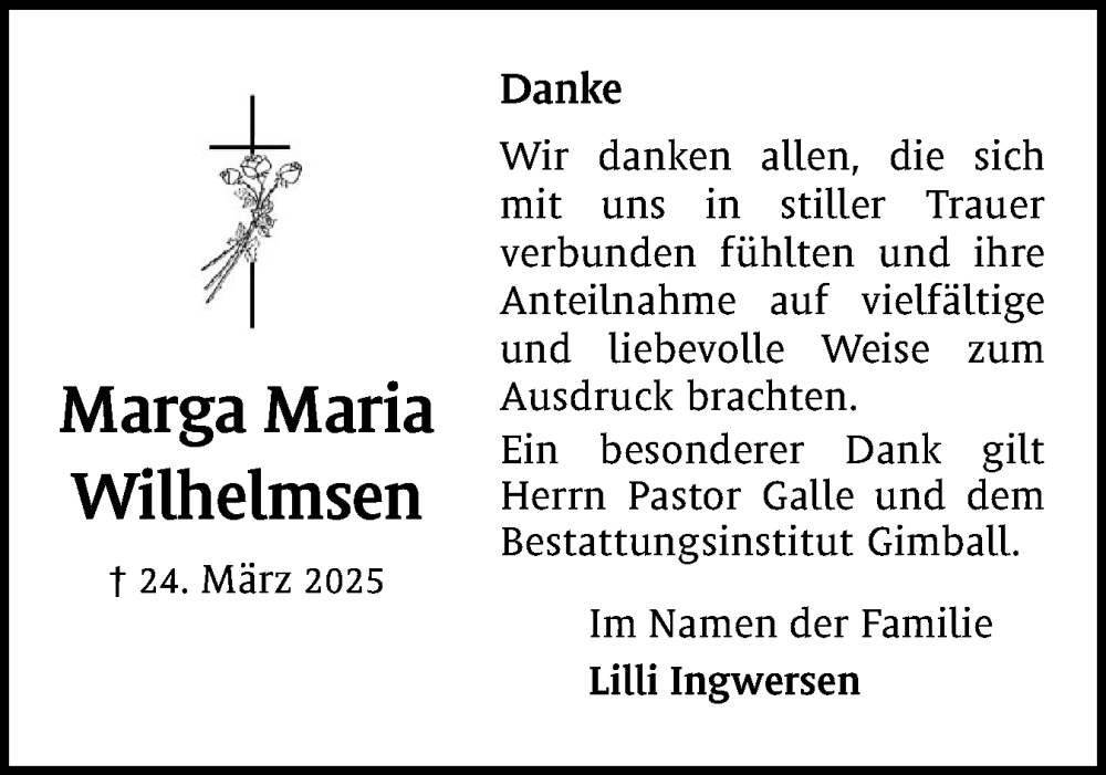  Traueranzeige für Marga Maria vom 15.05.2025 aus Husumer Nachrichten, Nordfriesland Tageblatt