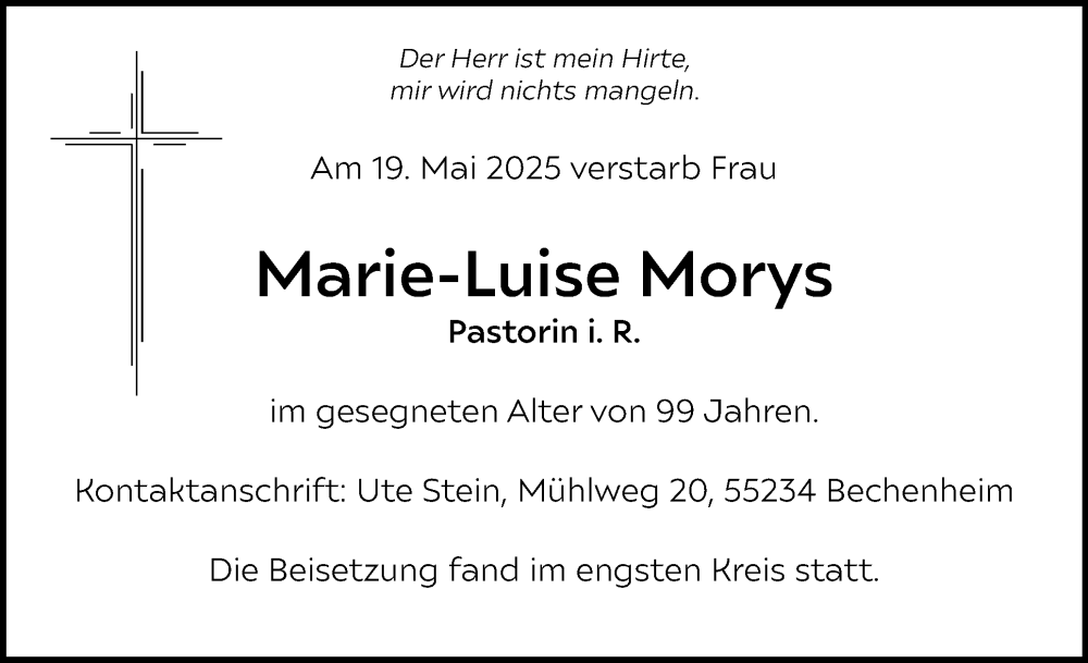  Traueranzeige für Marie-Luise Morys vom 24.05.2025 aus Elmshorner Nachrichten, Barmstedter Zeitung