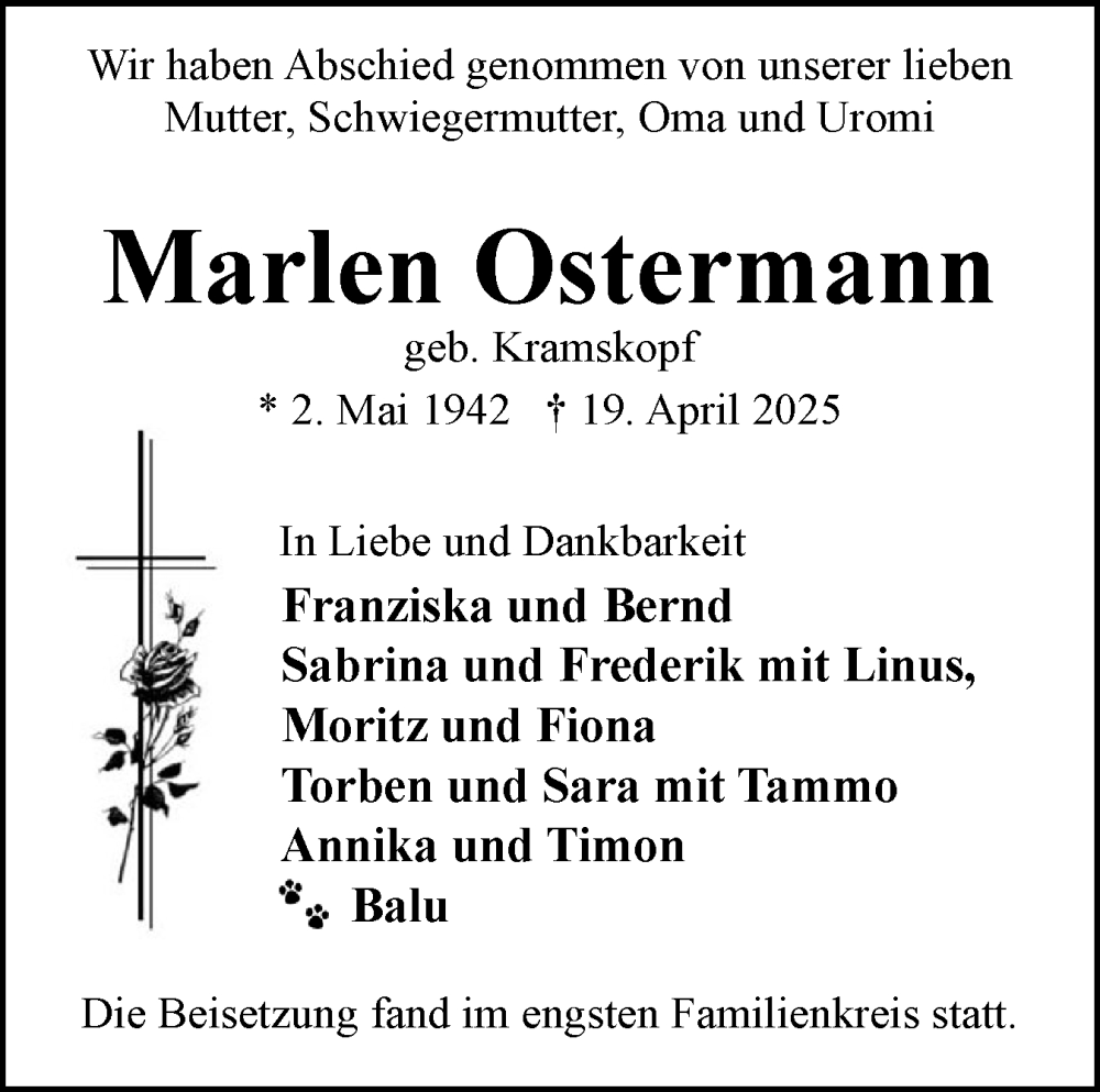  Traueranzeige für Marlen Ostermann vom 24.05.2025 aus Eckernförder Zeitung, Hallo Eckernförde