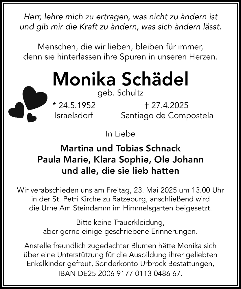  Traueranzeige für Monika Schädel vom 17.05.2025 aus MARKT Ratzeburg/Mölln