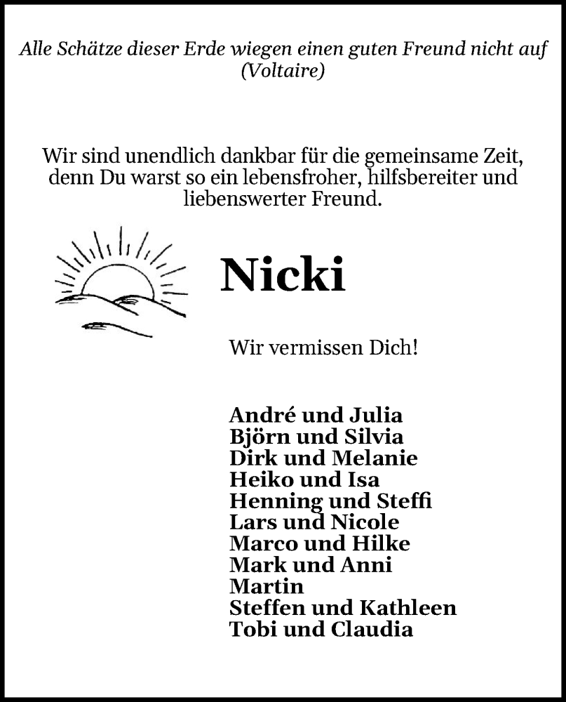  Traueranzeige für Nicki  vom 17.05.2025 aus Holsteinischer Courier