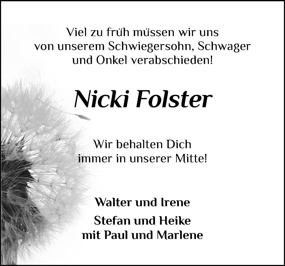  Traueranzeige für Nicki Folster vom 17.05.2025 aus Holsteinischer Courier